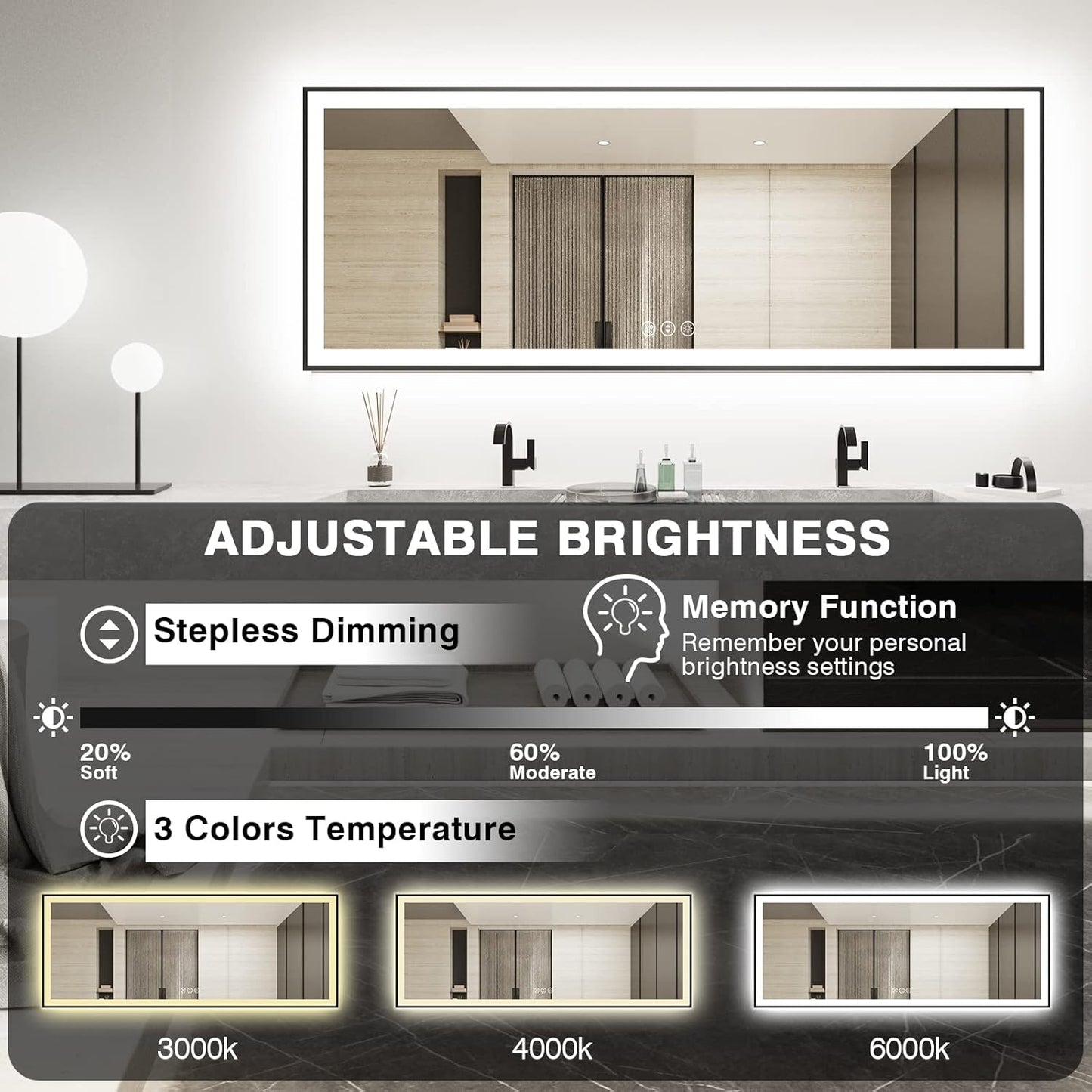 96x36 Large LED Bathroom Mirror with Lights - Black Aluminum(Front and Backlit),Anti-Fog Lighted Mirror for Wall,Stepless Dimmable Lighted Mirror,3 Colors Smart Mirror(Horizontal/Vertical)