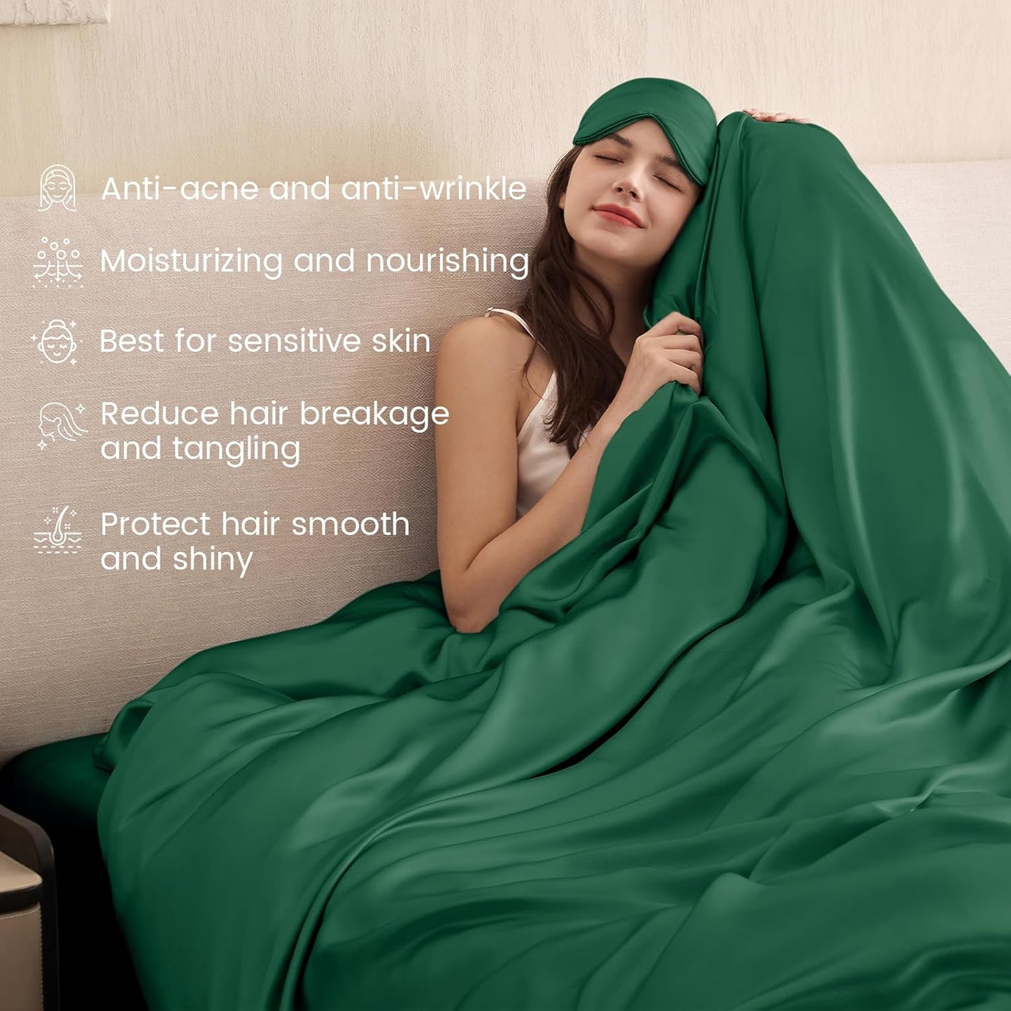THXSILK 100% Pure Mulberry Silk Duvet Cover Set 3 Piece, 6A+ Grade Luxury Soft Bedding Silk Sheets for Hair and Skin, 1 Pcs Quilt/Comforter Cover with 2 Zippered Pillowcases (Emerald Green, Queen)