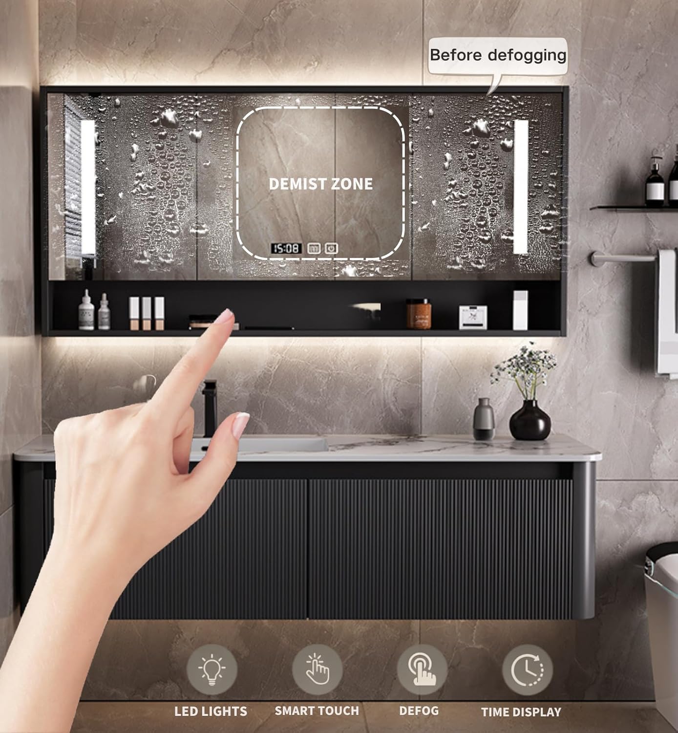 Bathroom Vanity Cabinet, 84" Bathroom Vanity with Sink & Intelligent Defog LED Mirror, Solid Wood Float Vanities, Wall-Mount Bathroom Cabinet with Drawer, Undermount Double Sink, Faucet, Drain(Black)