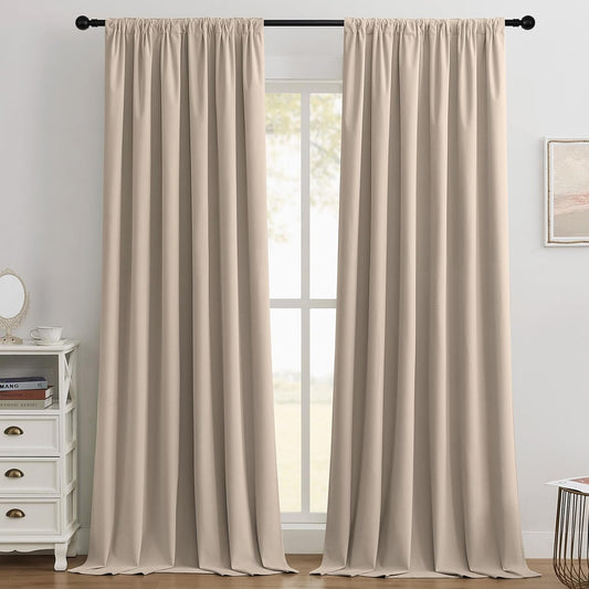 Joydeco Beige 100% Blackout Curtains 84 Inch 2 Panels, Luxury Thermal Beige Velvet Curtains for Bedroom Living Room, Soundproof Blackout Window Drapes, Rod Pocket & Back Tab (52W x 84L)