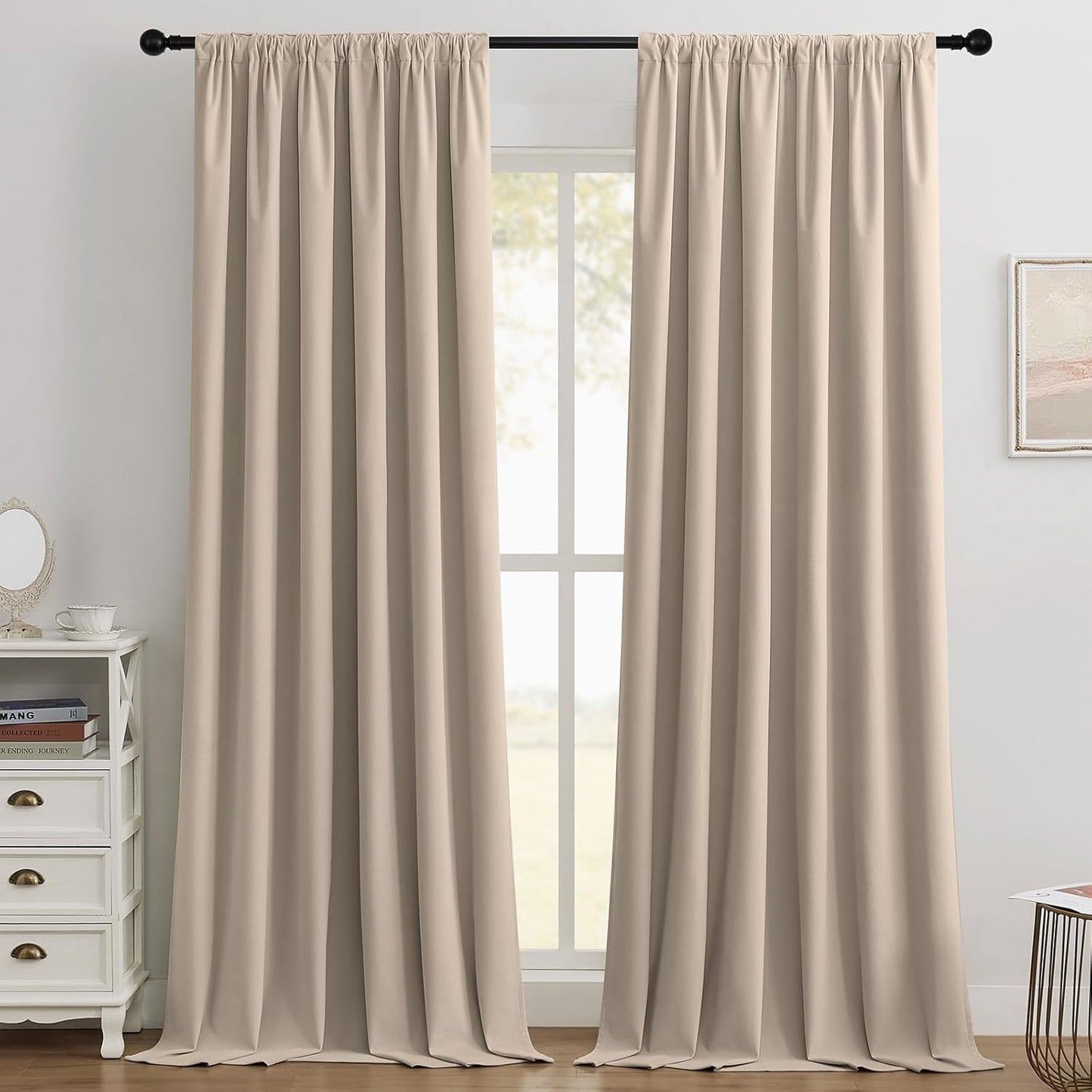 Joydeco Beige 100% Blackout Curtains 96 Inch 2 Panels, Luxury Thermal Beige Velvet Curtains for Bedroom Living Room, Soundproof Blackout Window Drapes, Rod Pocket & Back Tab (52W x 96L)