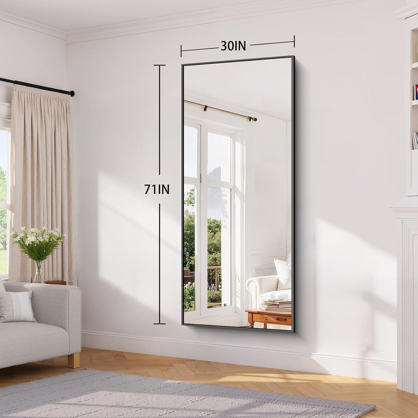 Koonmi Black Framed Bathroom Mirror - Shatterproof 30"x71" Tempered Glass, HD No Distortion, Horizontal/Vertical Mount, Modern Matte Aluminum Alloy Frame