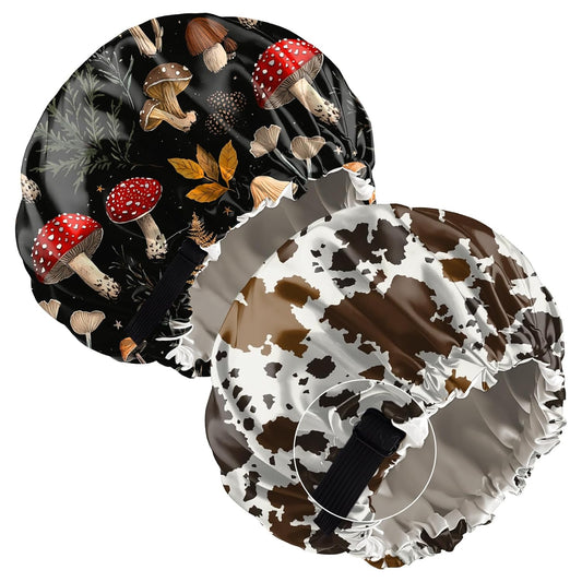 2 PCS Bonnets for Women Girls Satin Hair Bonnet Silk Adjustable Elastic Double Layer Hair Wrap Sleep Cap Comfort Cute-Mushroom Cowhide