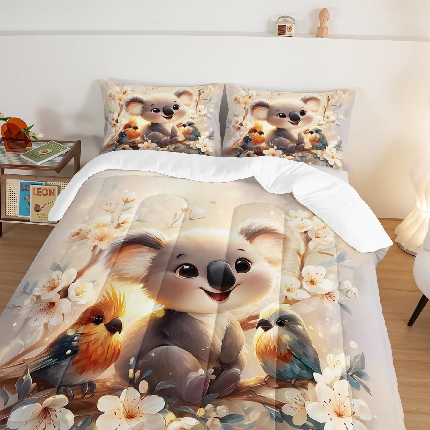 Kawaii Koala Bedding Set,Cartoon Koala Parrot Floral Pattern Full Size Bed Set for Kids Girls Boys Room Decor,Cute Beddings with 2 Pillowcases.