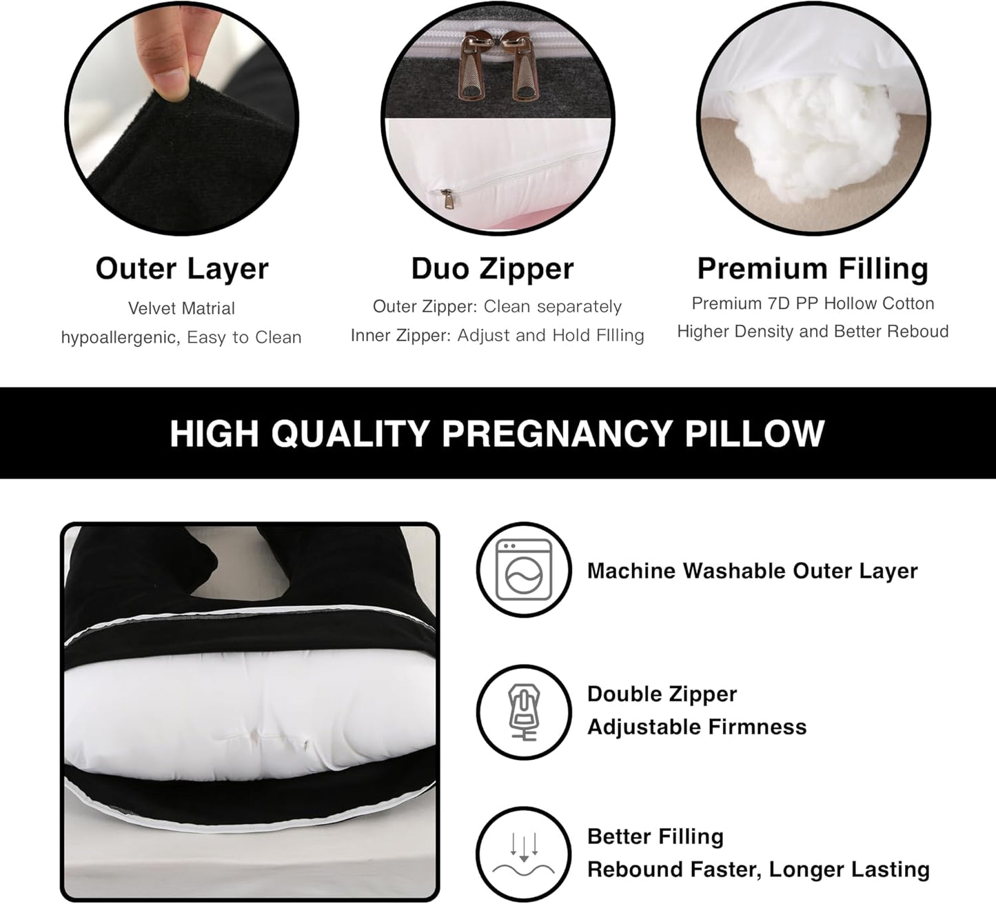 ALLOPERA Pregnancy Pillow, Full Body Maternity Pillow 57 inch, with Removable Washable Cover - Sleep Support for Legs, Back, Neck, Shoulder, HIPS, Belly for Pregnent Women, Velvet (Coal-Black)