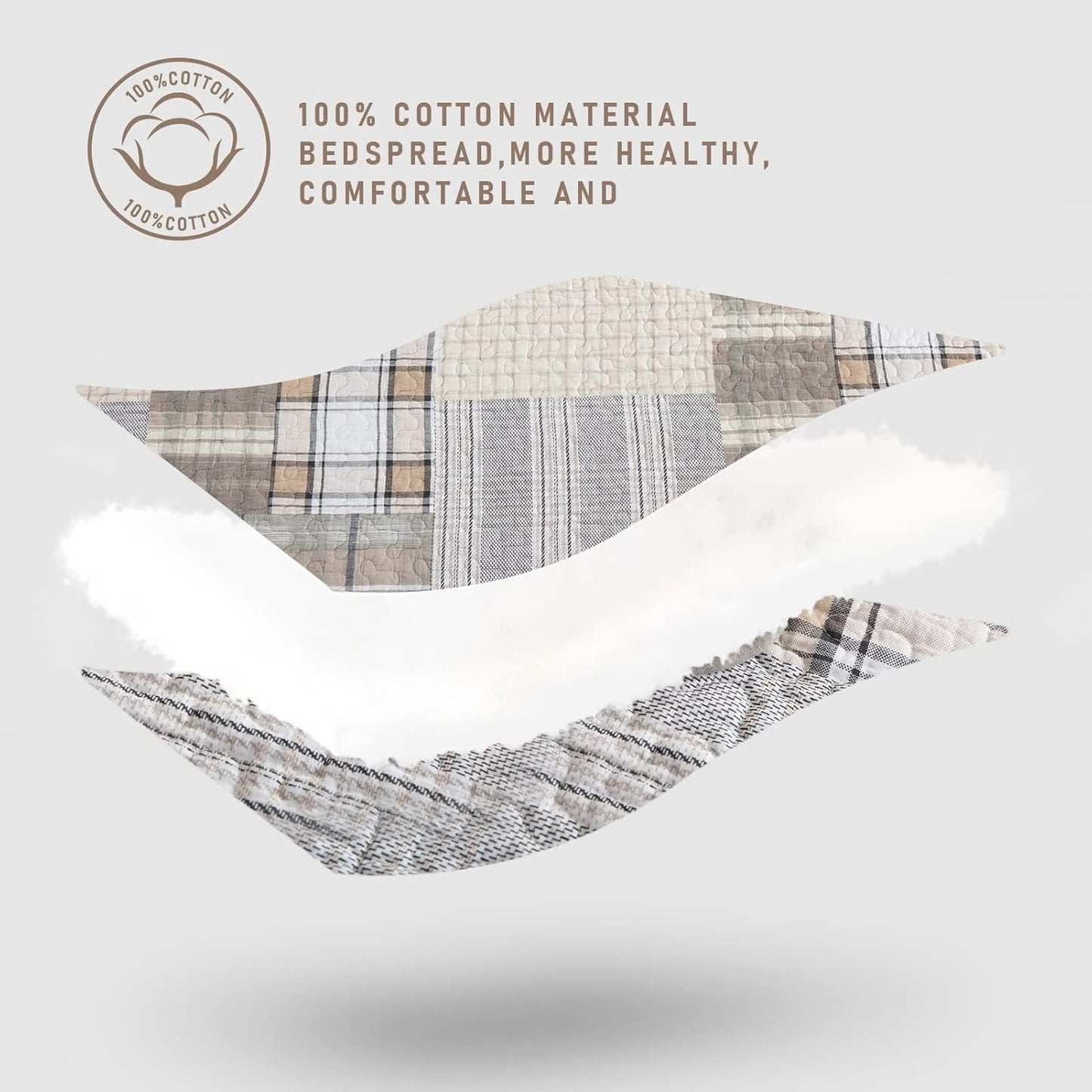 KALOOLA 100% Cotton Quilts Queen Size, Farmhouse Brown Plaid Queen Quilted Bedding Set 3 Pieces, Rustic Lightweight Bedspread Coverlet with 2 Pillowshams for All Season