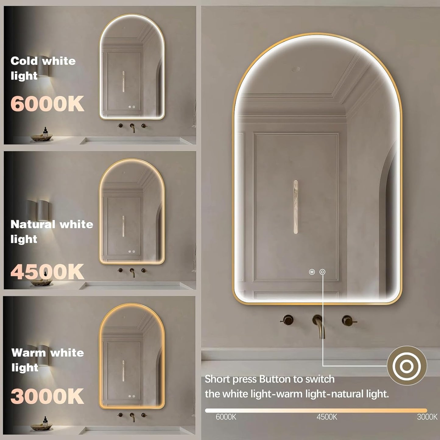 Niccy Arched LED Bathroom Mirror, 36"x24" Gold Framed Arch Wall Lighted Mirrors, Arching Frontlit Vanity-Mirror with Memory Function for Bathroom Bedroom, Defogger and 3 Color, Explosion-Proof
