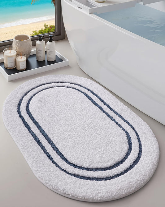 DEXI Oval Bath Mats for Bathroom, 24x36 Absorbent Bath Mat, Washable Microfiber Bathroom Rug with Non Slip Backing for Shower Floor, Navy