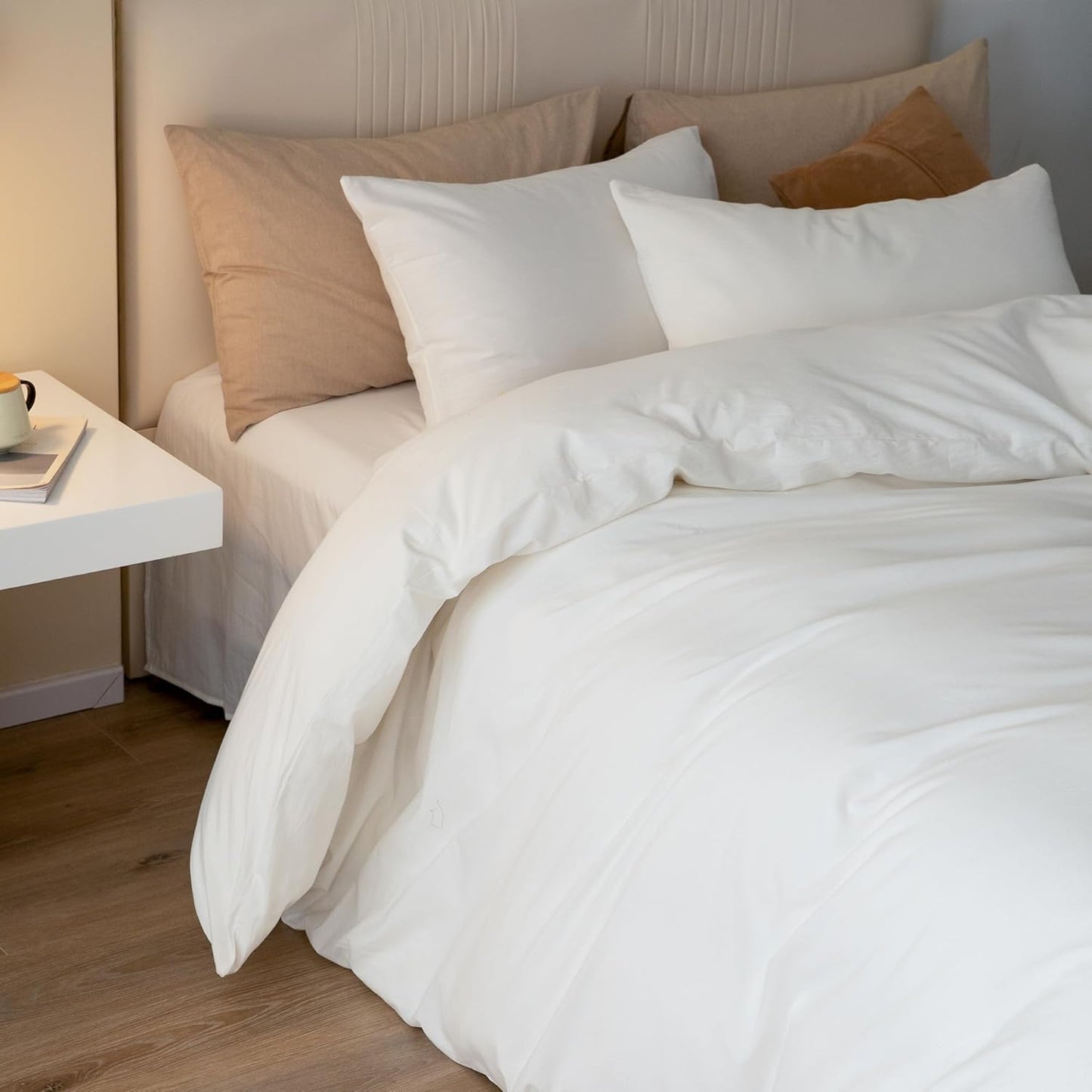 JIYUAN 100% Washed Cotton Duvet Cover Set 3 Pieces Super Queen, 1 Duvet Cover 90x98 Inches(Comforter Not Included) and 2 Pillowcases,Linen Feel Bedding Set Comfy and Breathable,Off White