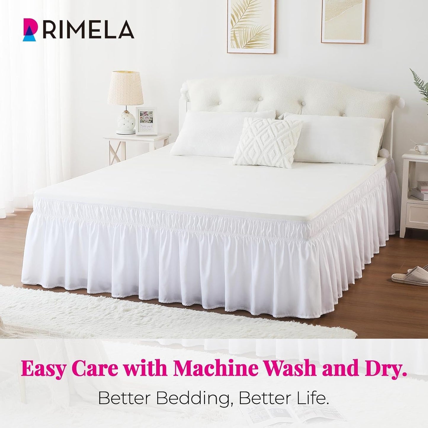 RIMELA White Bed Skirt King Size 18 Inch Drop, Elastic Bed Skirting for Bed Base and Frame, Bedding Dust Ruffle Easy to Install, Lightweight Wrap Around Adjustable Bedskirt