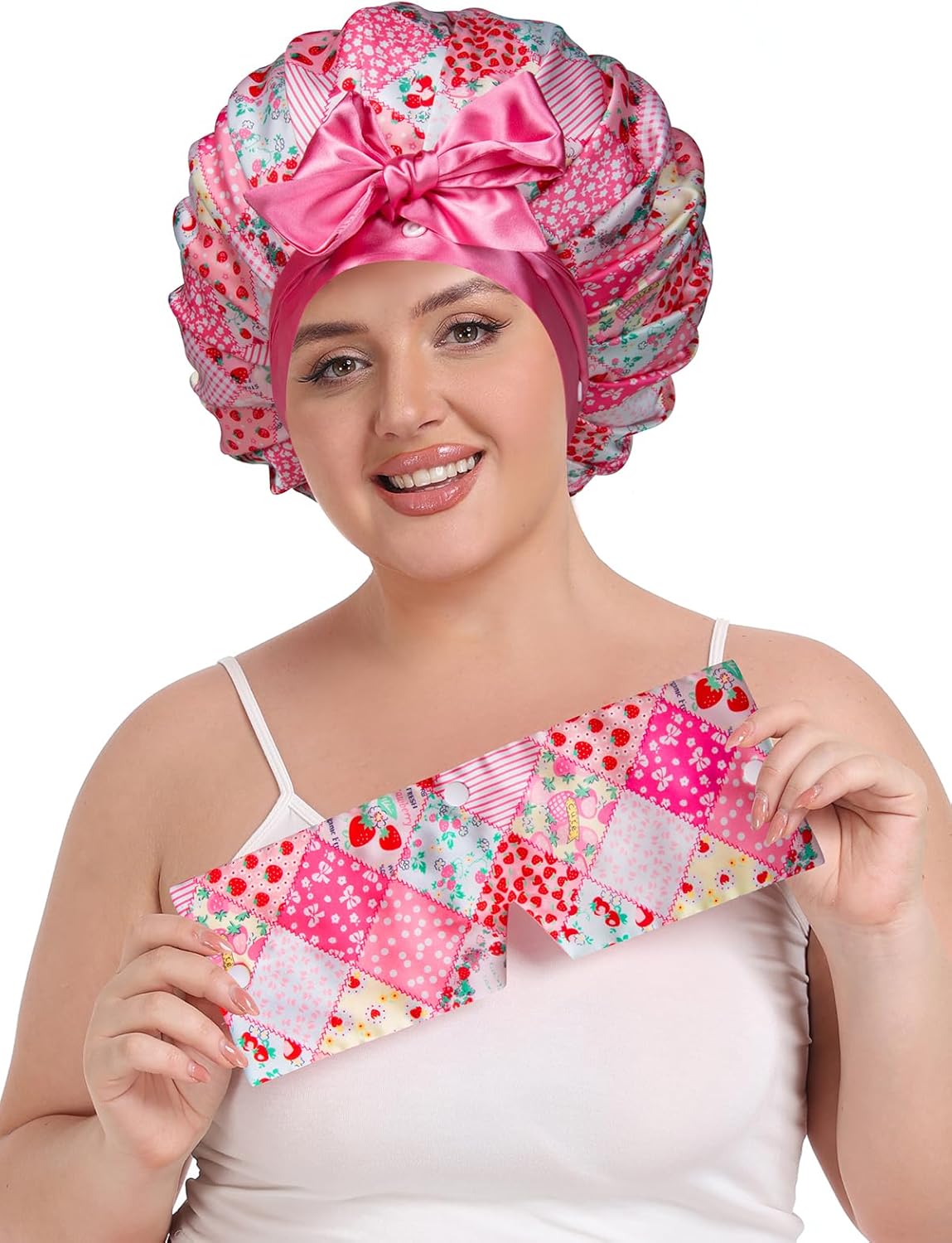 Pleated Silk Sleeping Bonnet with Eye Mask Double Layer Satin Hair Bonnets Sleep Cap for Curly Natural Hair