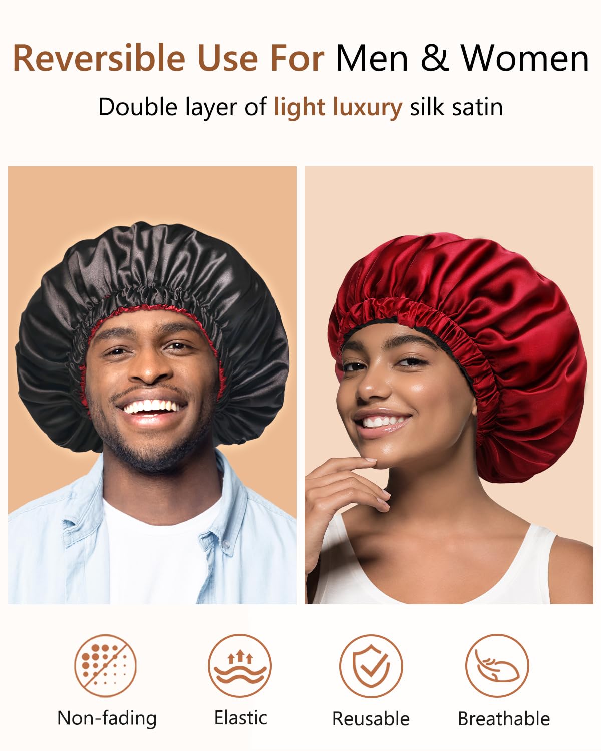 mikimini Satin Bonnet Pack of 2 for Men and Women, Reversible Double Layer Sleeping Silk Bonnet for Curly Hair Braids with Anti-Slip Adjustable Widened Elastic Band Super Large Soft (XL, Black/Red)