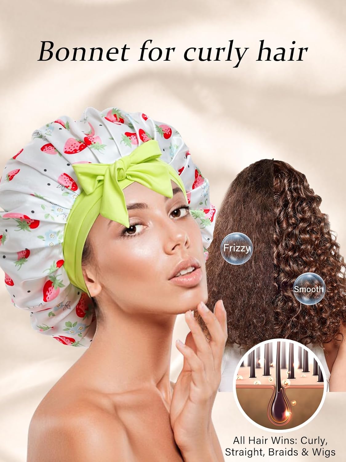 Floral Satin Bonnet For Sleeping Women Double Layer Pleated Design Adjustable Shower Cap For Curly Hair Strawberries