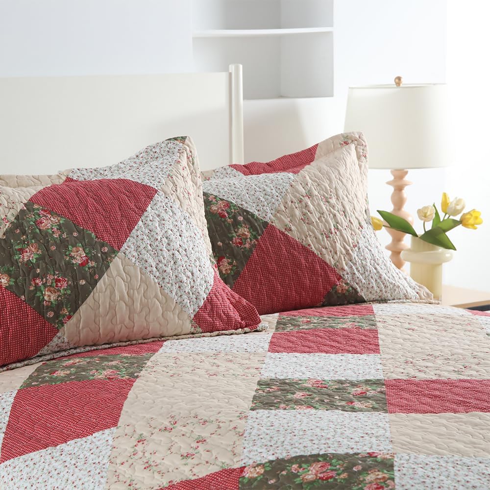 ENASAL Cotton Bedspread Quilt Bedding Sets Reversible Coverlet Sets Comforters Rose Floral Purple White Patchwork Pattern Bedspread for All Season, Queen Size