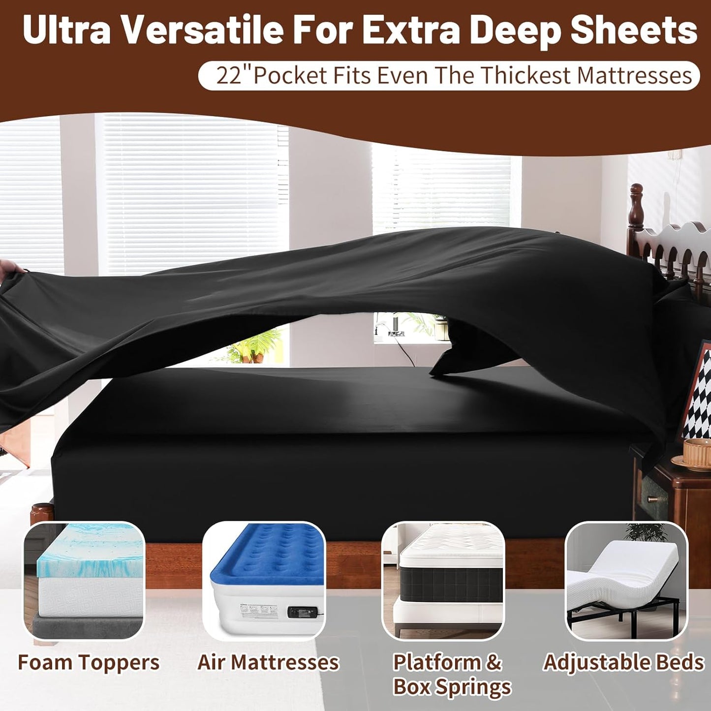 Extra Deep Pocket King Sheets 18-24 Inch 1000 Thread Count 100% Egyptian Cotton Sateen Weave Soft Breathable 4 Pieces（King，Black）