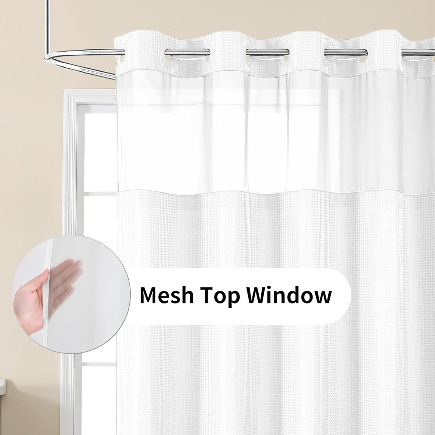 Colorful Star No Hook Shower Curtain with Snap in Fabric Liner, Waffle Weave Heavy Duty Thick Shower Curtains with Mesh Top Window, Hotel Style Waterproof Bathroom Curtain Set, 72 x 87 Inch, White