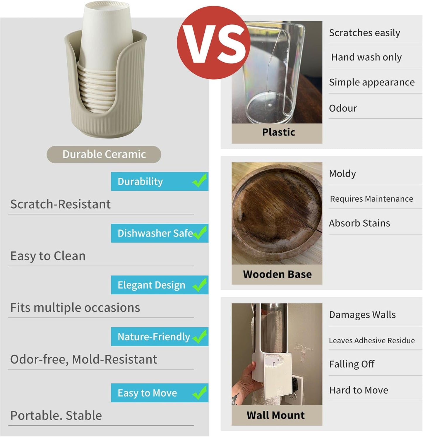 Ceramic Bathroom Cup Dispenser with Stylish Vertical Stripes - Disposable Mouthwash Cup Holder Holds 3-4oz Paper Cups for Rinsing Cups on Bathroom Vanity Countertops (Matte Beige)