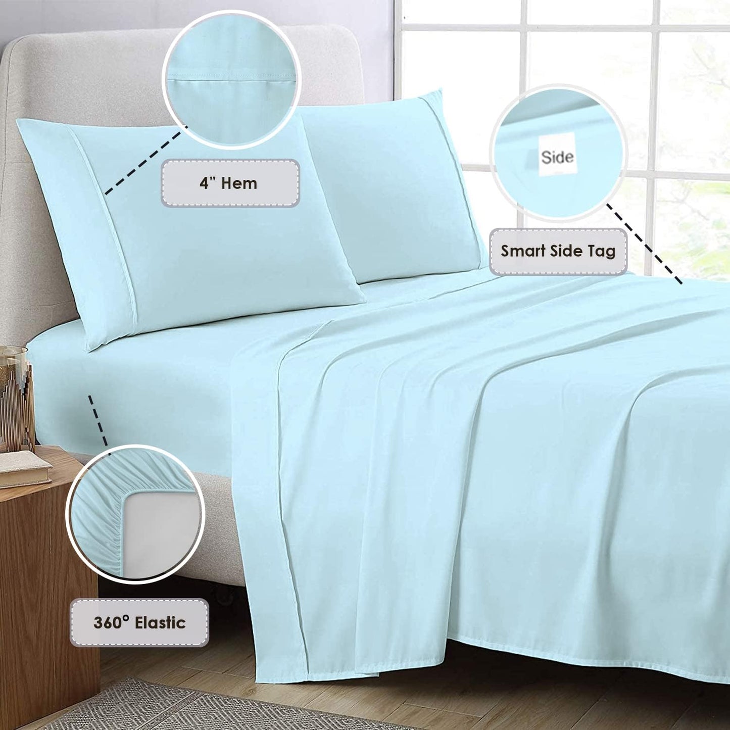 Pizuna Pure 100% Cotton Sheets, Full Size - 800 Thread Count Long Staple Cotton Crisp Sateen - 15 inch Deep Pocket (Combed Cotton, Baby Blue)