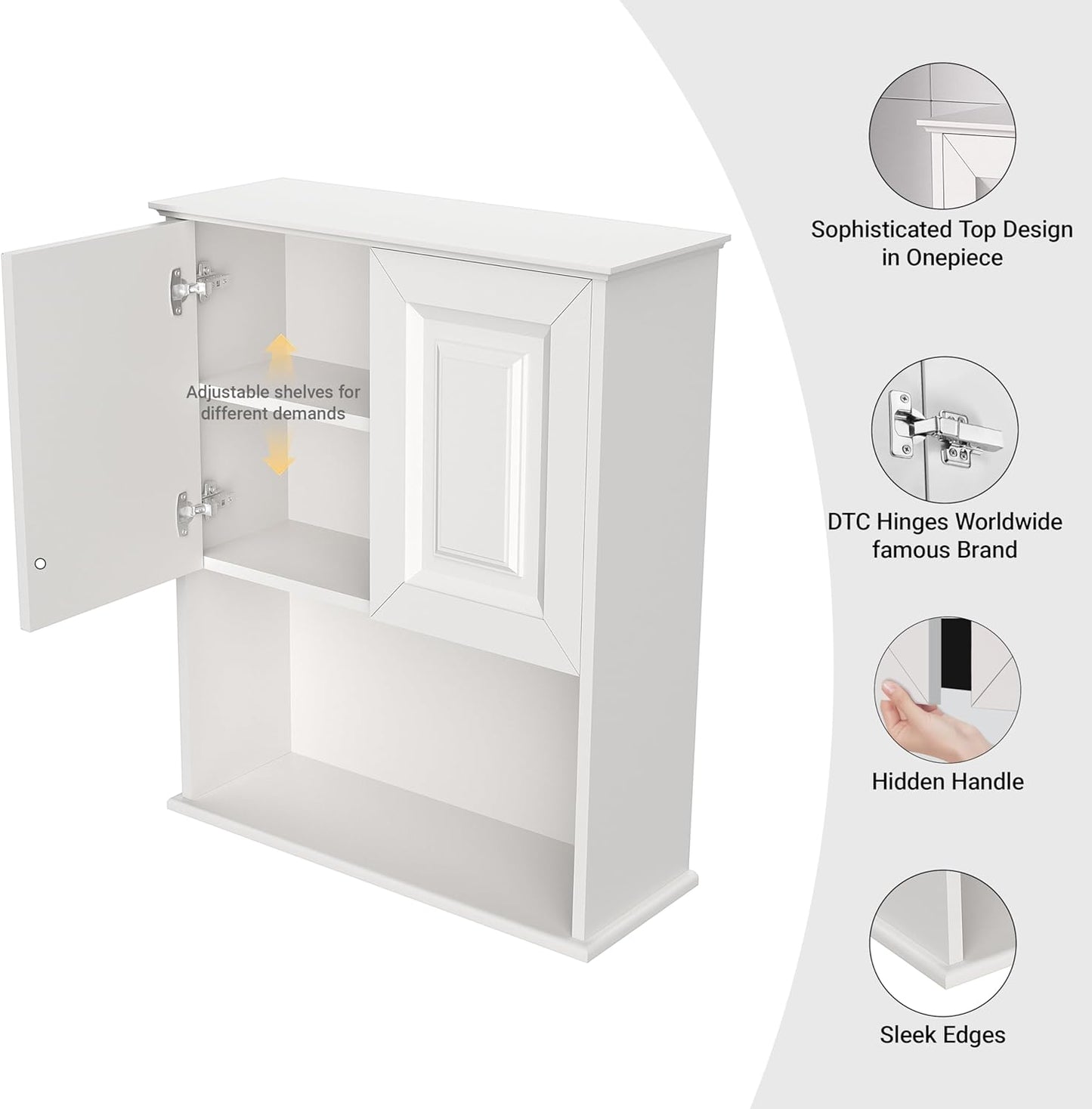 Bathroom Wall Cabinet Wooden with 2 Doors,Over the Toilet Storage Cabinet,Bathroom and Laundry Wall Mount Storage Medicine Cabinet with Open and Adjustable Shelf,Easy Assembly (Style B-1 PC, White)