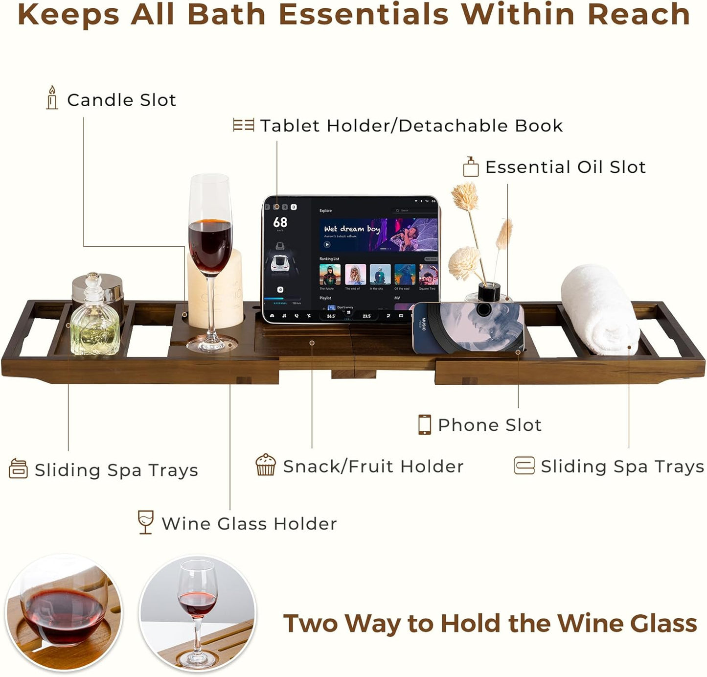 Teak Bathtub Tray Expandable Bathroom Tray for Home Spa Relaxation, Wooden Tray Caddy for Bathtub, Teak Bathtub Caddy as Unique Housewarming, Birthday, Wedding Shower Gifts (Walnut Teak)