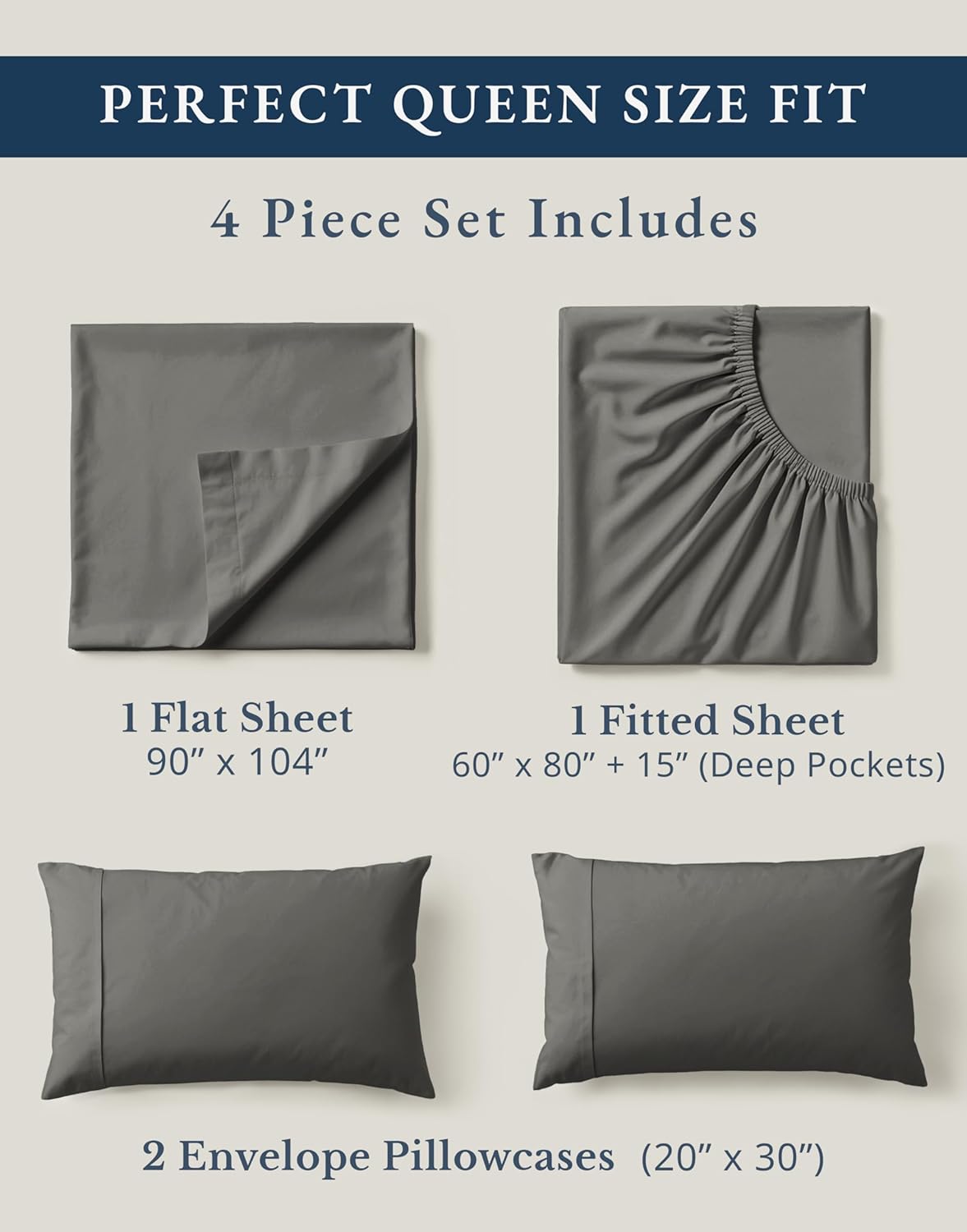LANE LINEN Sustainably Produced 100% Organic Cotton Queen Size Bed Sheets, Soft & Comfy Naturally Cooling Percale Cotton Sheets, Low Pill Fade Resistant 15" Deep Pocket Queen Sheets– Charcoal
