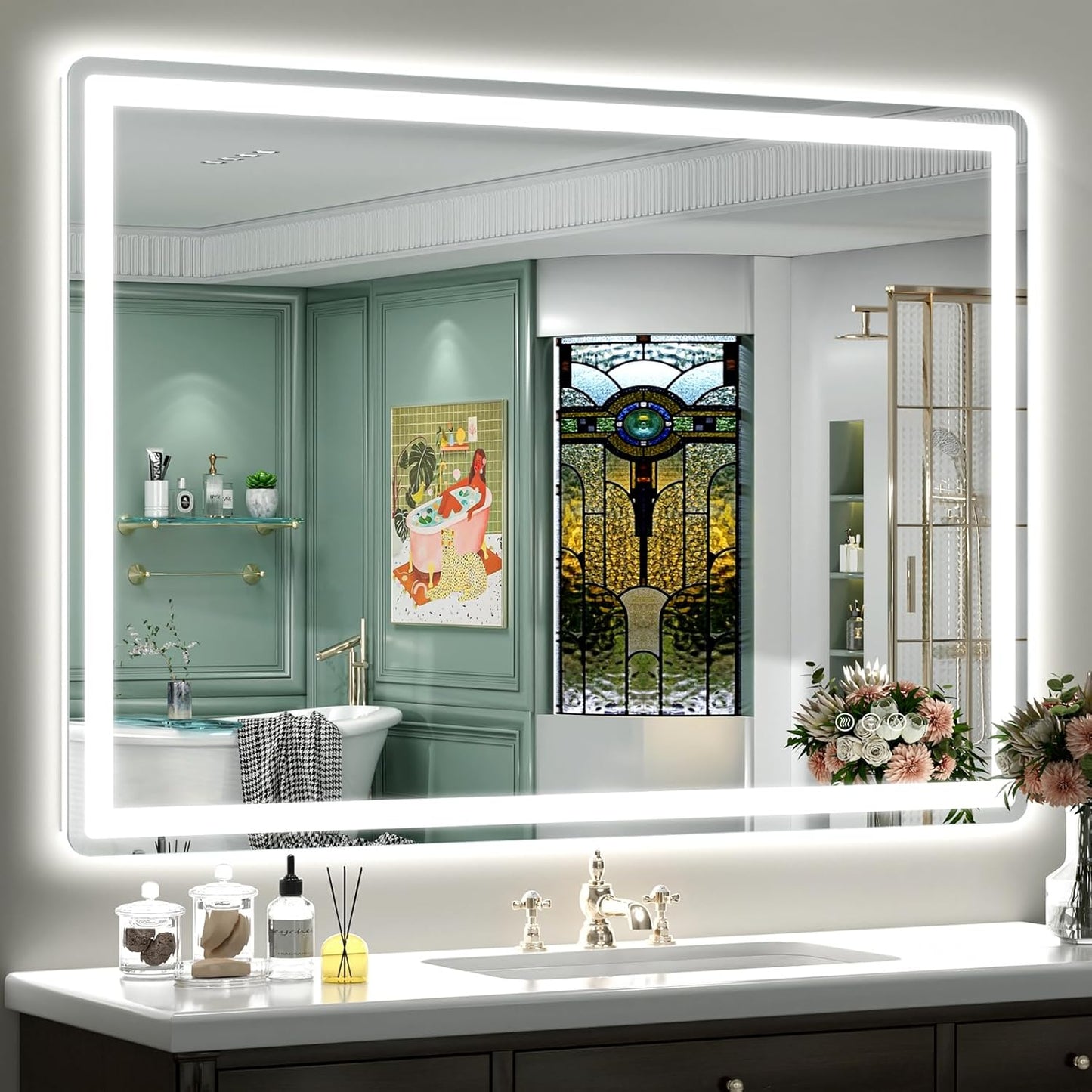 SMIROR LED Bathroom Mirror with Lights 44"x 30", Rounded Rectangle Lighted Vanity Mirror for Wall, Front Lit and Backlit, 3 Colors, Dimmable, Anti-Fog, Tempered Glass (Horizontally/Vertically)