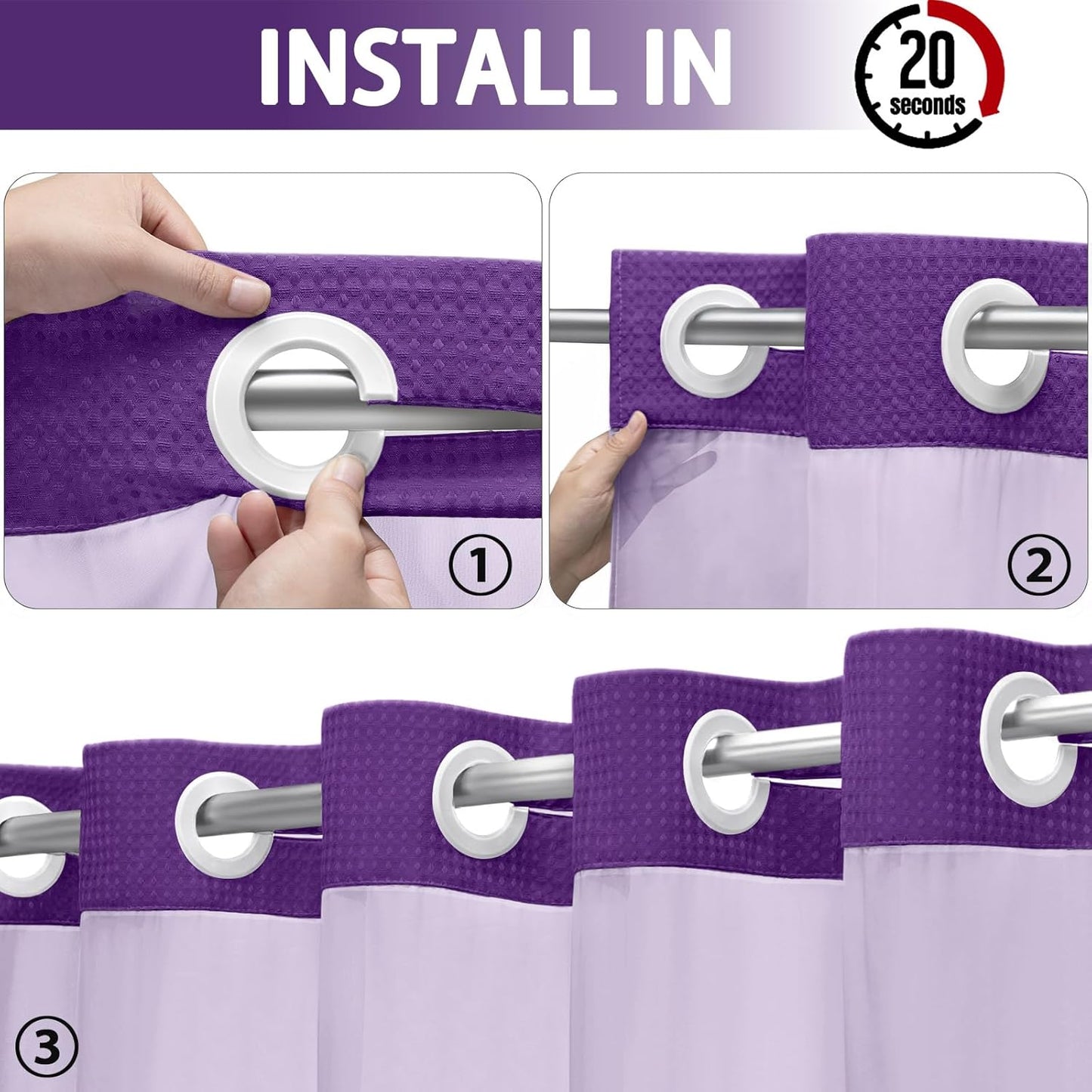 YellyHommy No Hook Shower Curtain with Snap in Liner Set Less Time Waffle Shower Curtain for Bathroom 75" L x 72" W Deep Purple