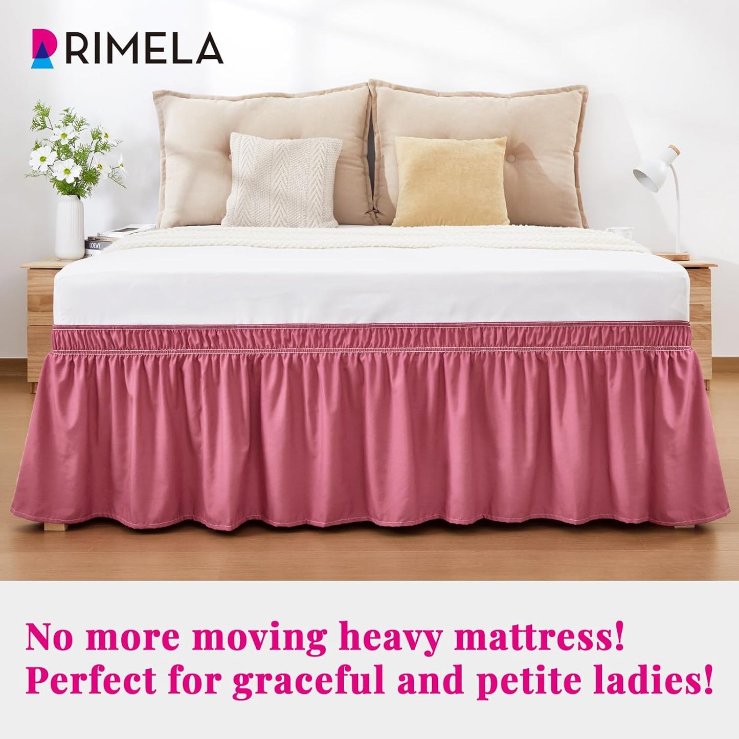 RIMELA Dusty Red Bed Skirt Queen Size 15 Inch Drop, Wrap Around Elastic Bedskirt, Dust Ruffle for Adjustable Bed Base Machine Washable Easy to Install Bed Skirts