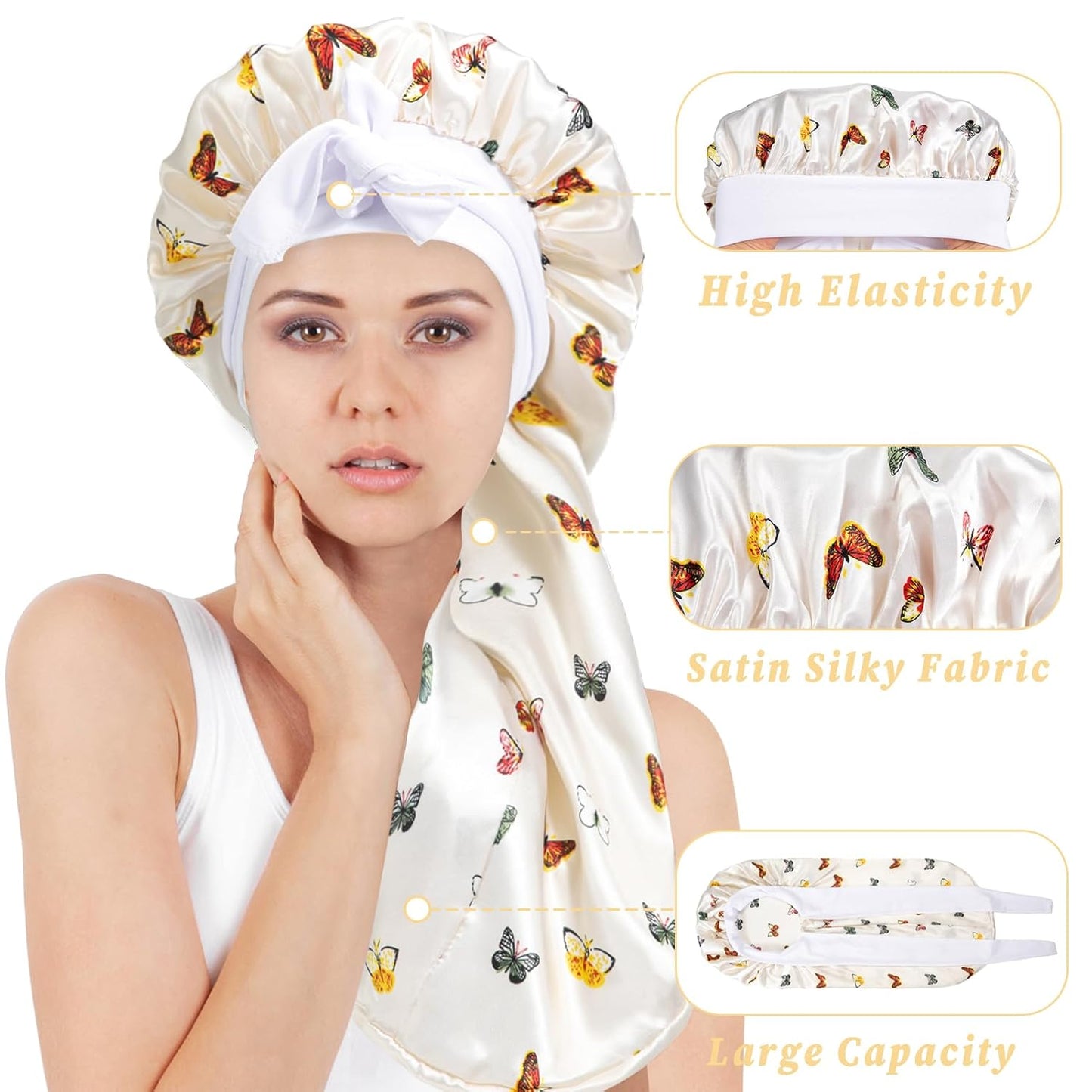 3Pcs Bonnets for Black Women Braid Bonnet, Large Long Satin Bonnet for Braids, Black Women Satin Silk Bonnet with Stretchy Tie Band Sleep Bonnet Cap for Long Curly Hair (Black&Silver Pattern&Purple)