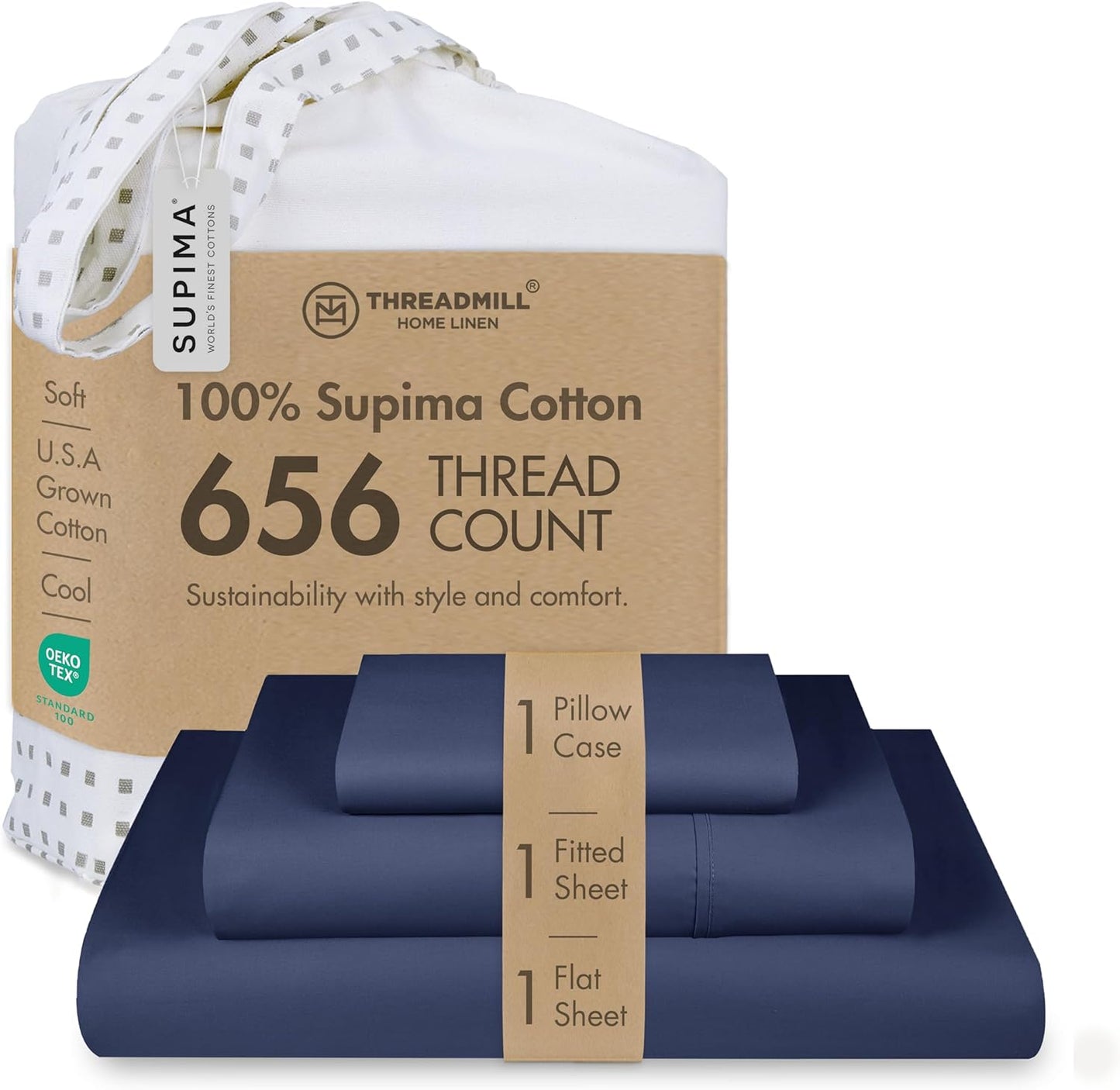 Threadmill Twin Sheet Set |656 Thread Count 100% Supima Cotton Sheets for Twin Mattress |Solid Sateen Twin Bed Sheets Set | 16” Deep Pocket | Soft Breathable 3-Piece Cooling Sheet Set | Folkstone Blue