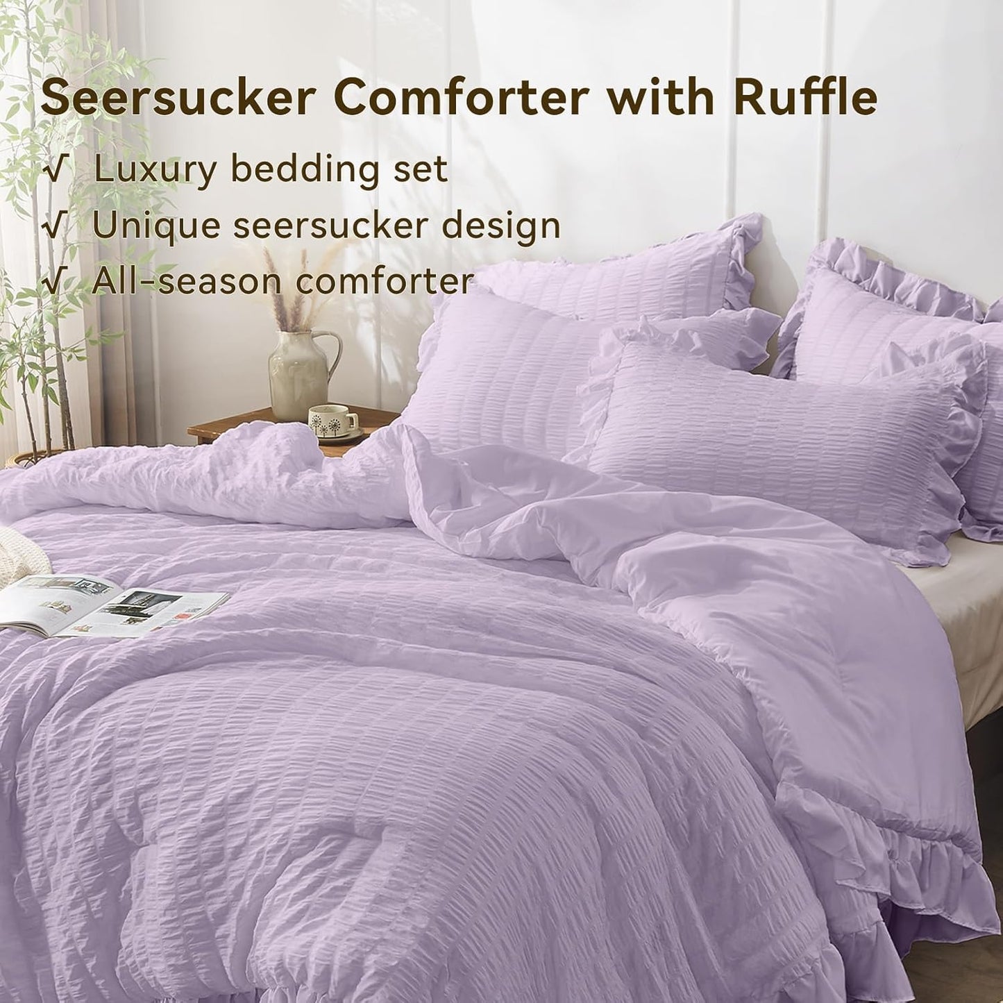 JOLLYVOGUE Lavender King Comforter Set, 3 Pieces Seersucker Comforters King Size, Lightweight & Fluffy Bedding Sets King for All Season with 1 Ruffle Comforter and 2 Ruffle Pillowshams
