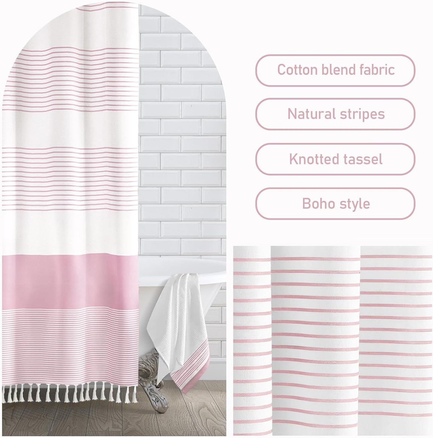 Awellife Boho Pink Shower Curtain for Bathroom Stripe Tassel Shower Curtain 72 X 72 Inches Farmhouse Cotton Girls Coral