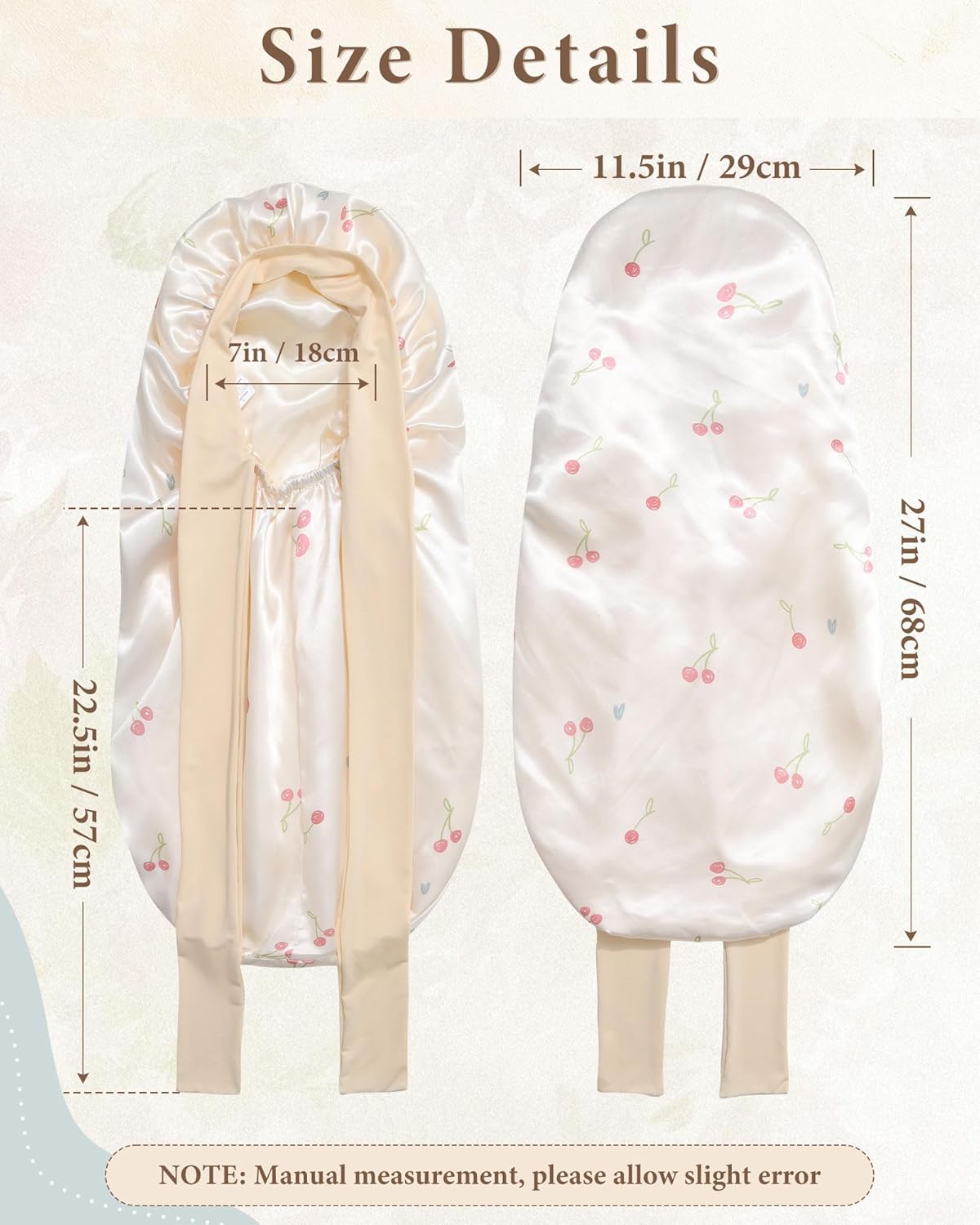 AWAYTR Long Satin Bonnet for Sleeping, Reversible Double Layer Hair Bonnet with Elastic Tie Band (Cherry Print+Beige)