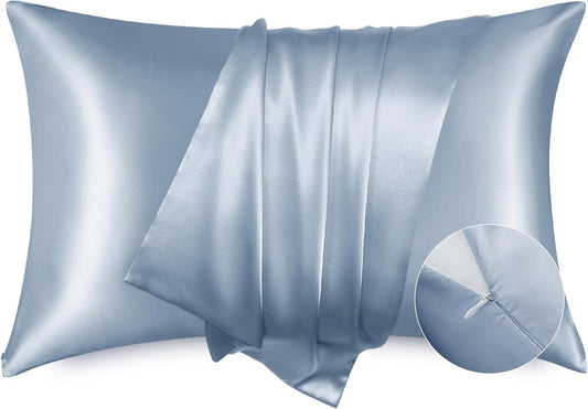 Bedsure Satin Pillowcase with Zipper, Similar to Silk Pillow Cases 2 Pack, Satin Pillow Cases Queen, Silky & Soft Bedding Pillow Covers for Hair & Skin, Gifts for Women Men, Stone Blue, 20x30 Inches