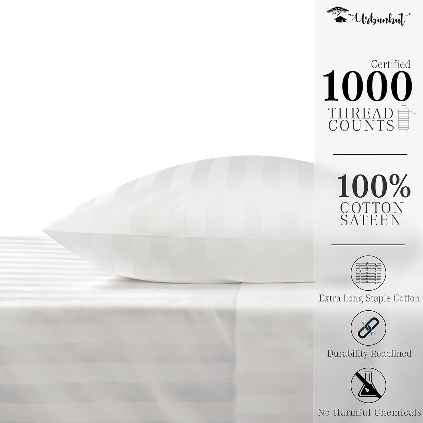 URBANHUT 1000 Thread Count Pure Cotton Damask Striped Twin Size Sheets Set (4 Pc) - Ultra Soft & Smooth, Thick & Crisp Sateen Weave Full Bedding Set, Fits Upto 16" Mattress - White
