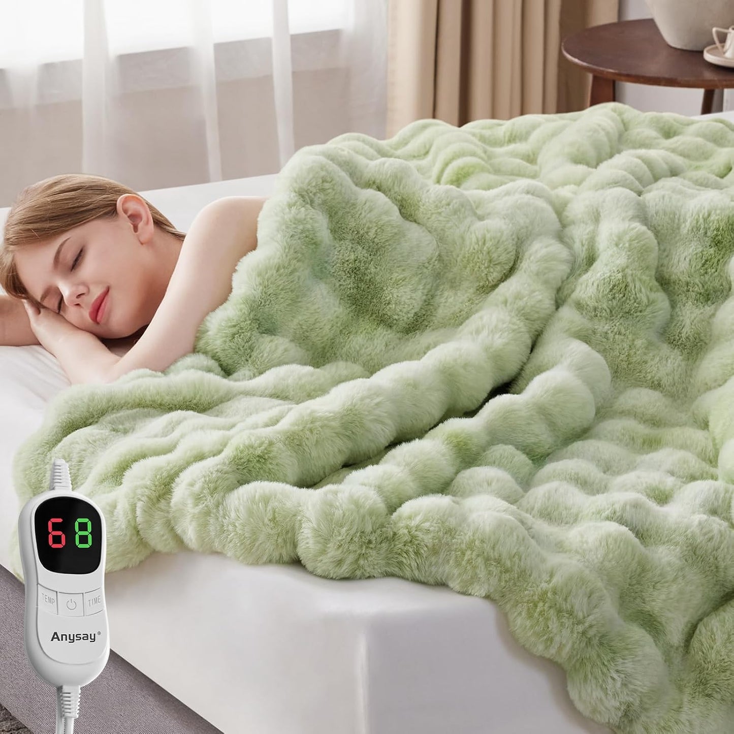 Heated Blanket Throw with 1/2/4/6/8 Hours Auto-Off 10 Heat Level, 50'' * 60'' Cozy Faux Rabbit Fur Bubble Electric Blanket with Overheat Protection(Tie-Dye Green)