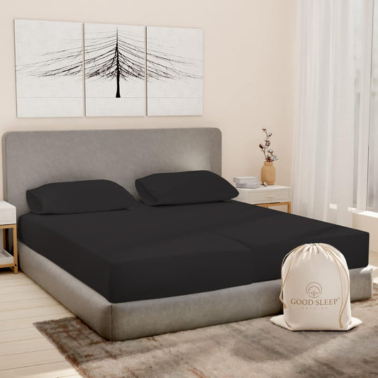 Good Sleep Bedding Split King Sheets Set, Egyptian Cotton, Luxury Sheets, 5 Piece, 2 Fitted - 16" Deep Pocket, Dark Gray