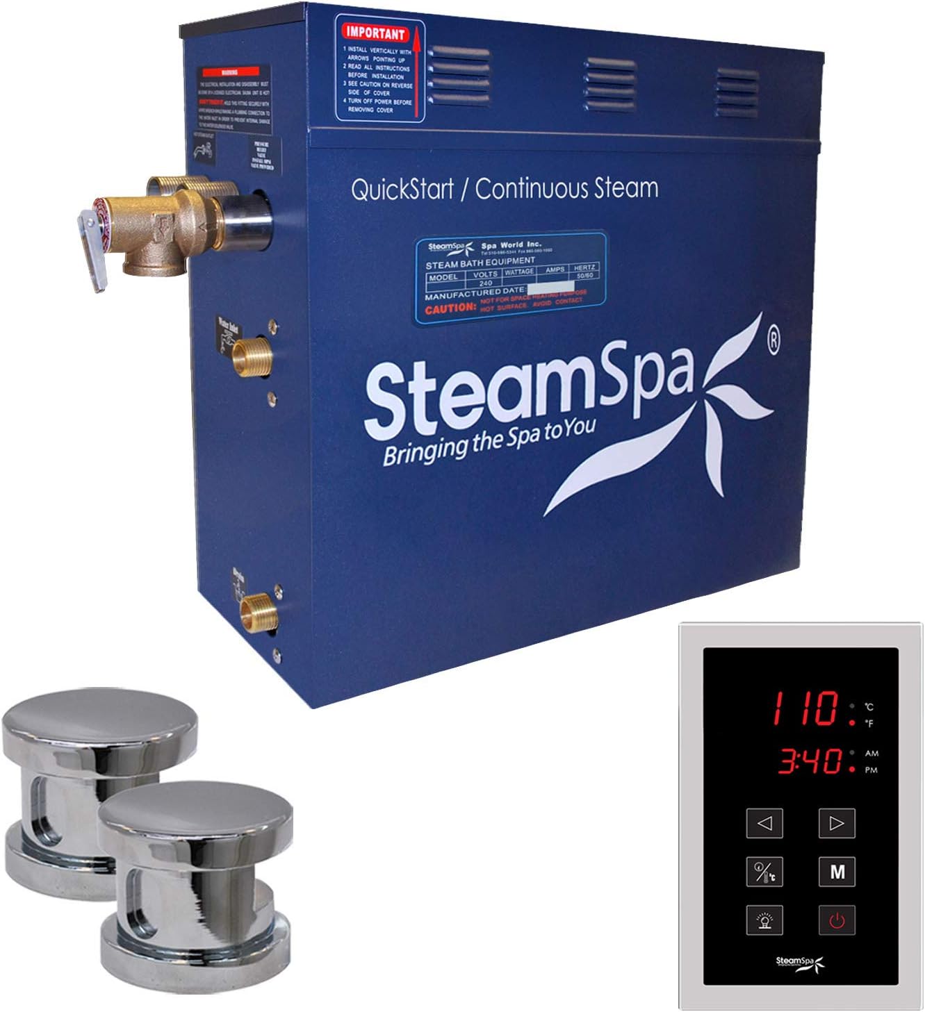 STEAMSPA 12kW Steam Sauna Generator Sentry Series 240V Steam Generator with Touch Screen, Steamhead, Built-in Steam Shower Auto Drain, ACU Quickstart Steam Bath Generator (Chrome)