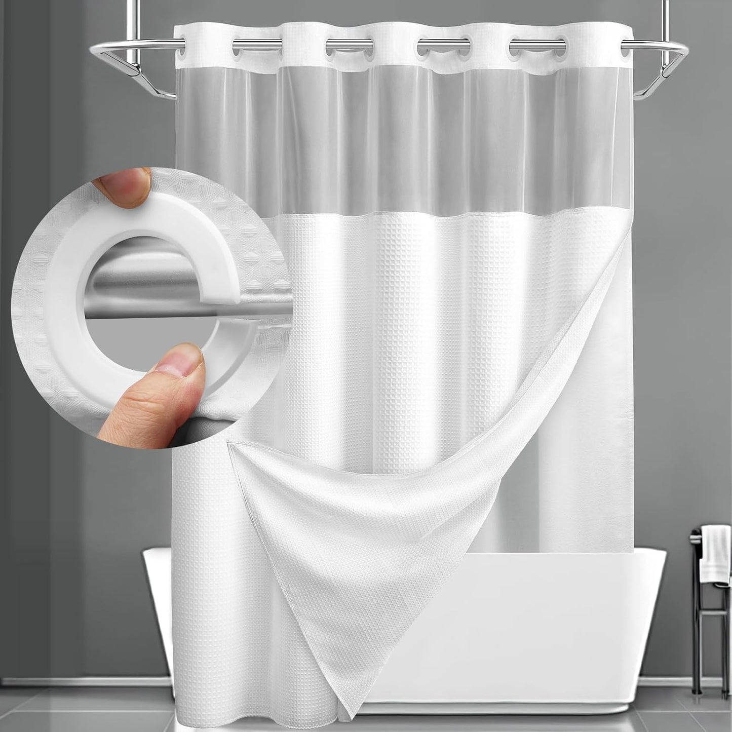 YellyHommy No Hook Shower Curtain with Snap in Fabric Liner Set Less Time White Waffle Shower Curtain for Bathroom 78" L x 72" W