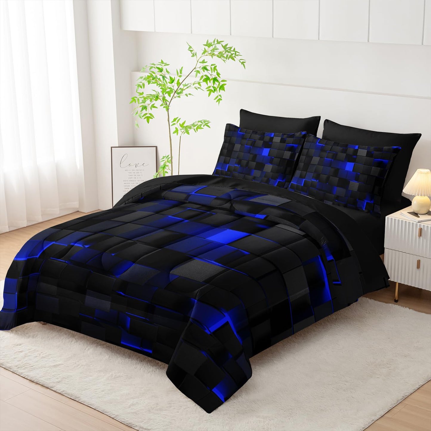 Queen Size Comforter Set 7 Piece - Black and Blue Modern Bedding, 3D Cube Design, Soft Microfiber, Gamer Bed Set, All Season