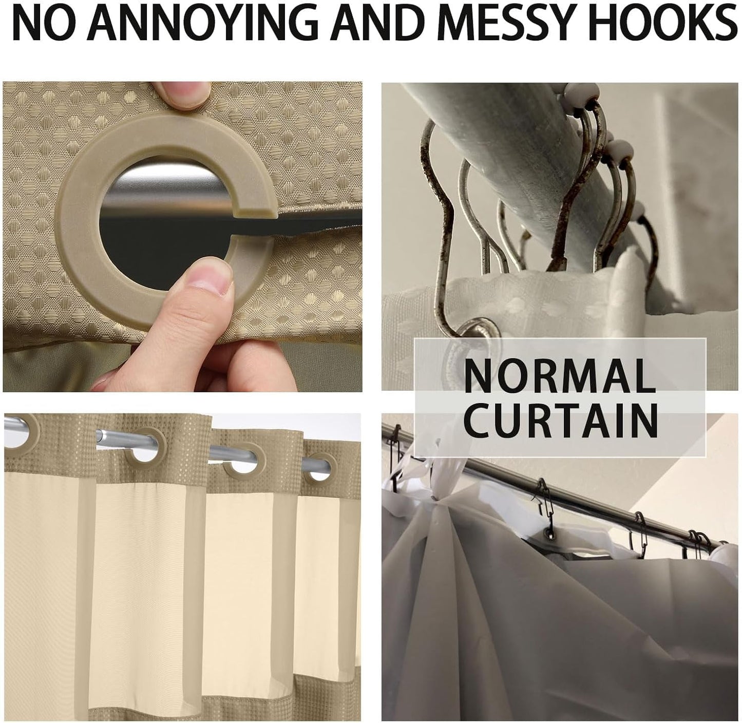 YellyHommy No Hook Shower Curtain with Snap in Liner Set Less Time Beige Waffle Shower Curtain for Bathroom 75" L x 72" W