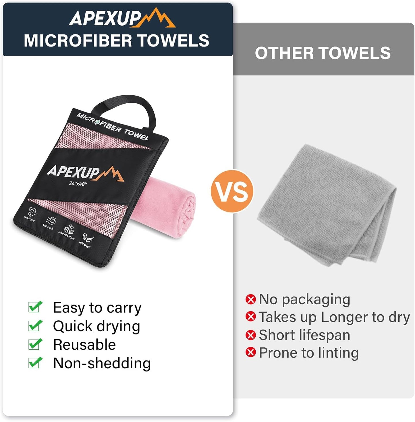 APEXUP Microfiber Travel Towel, Ultra Absorbent Quick Dry Towels, Lightweight Gym Sports Camping Towel for Workout, Yoga, Beach, Shower, Swimming (24"×12", Pale Rose)