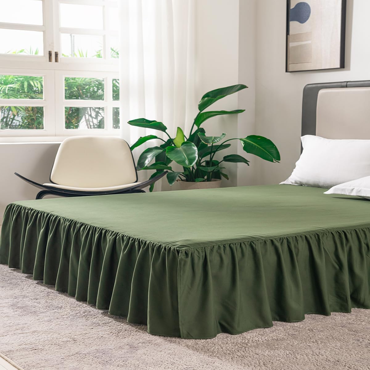 Bed Skirt Queen Size Ruffled Bed Skirt with Split Corners, 16 Inch Drop Dust Ruffle Bed Skirts with Platform, Green