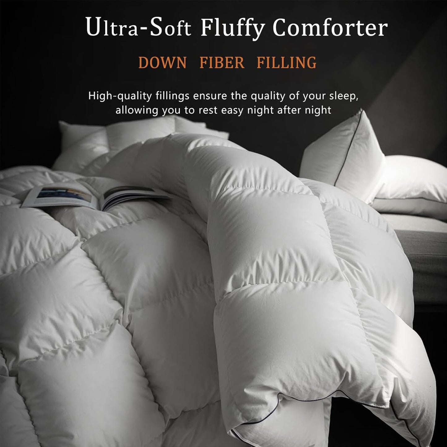 Luxury White Down Fiber Comforter Oversized King Size - Down Fiber Duvet Core for All Seasons - Hotel Collection Medium Warmth Duvet Insert - Fluffy and Cozy (120 X 98”)