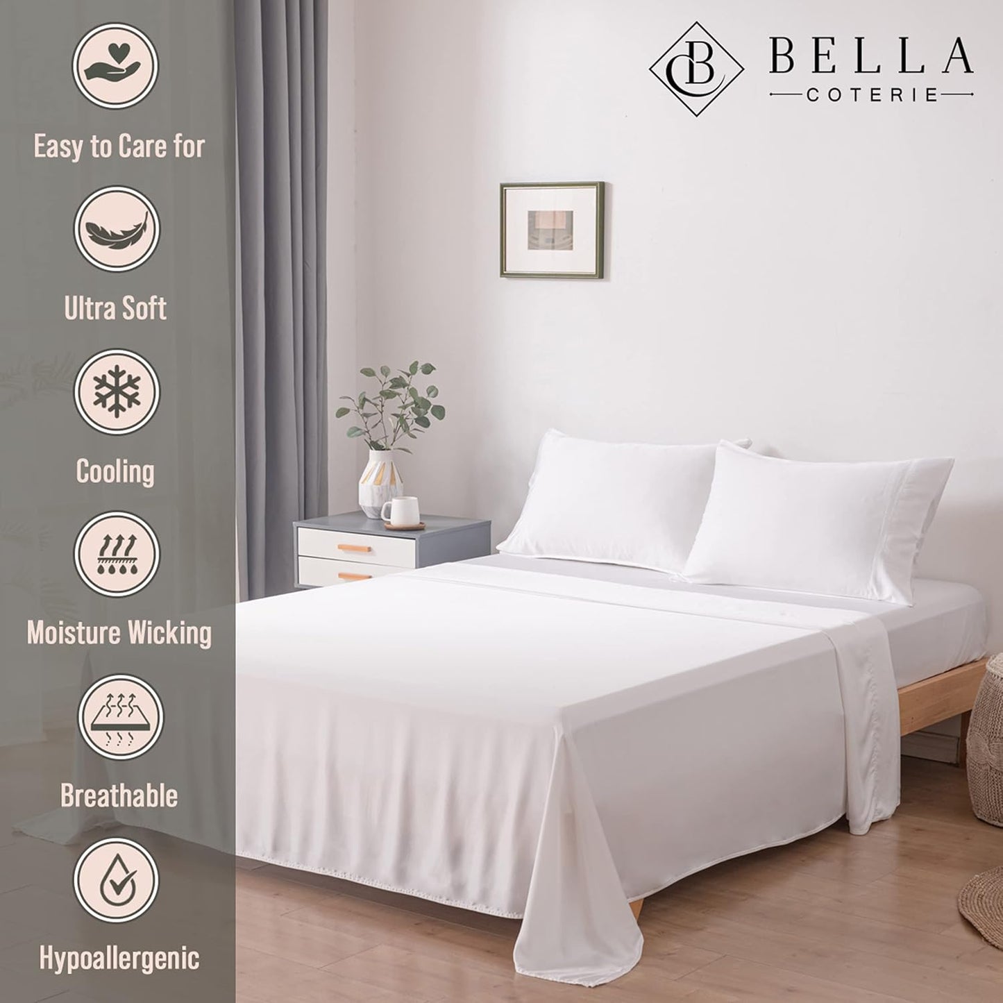 Bella Coterie Luxury Bamboo Viscose Full Size Sheet Set | 100% Organically Grown | Ultra Soft | Cooling for Hot Sleepers | 18" Deep Pocket [White]