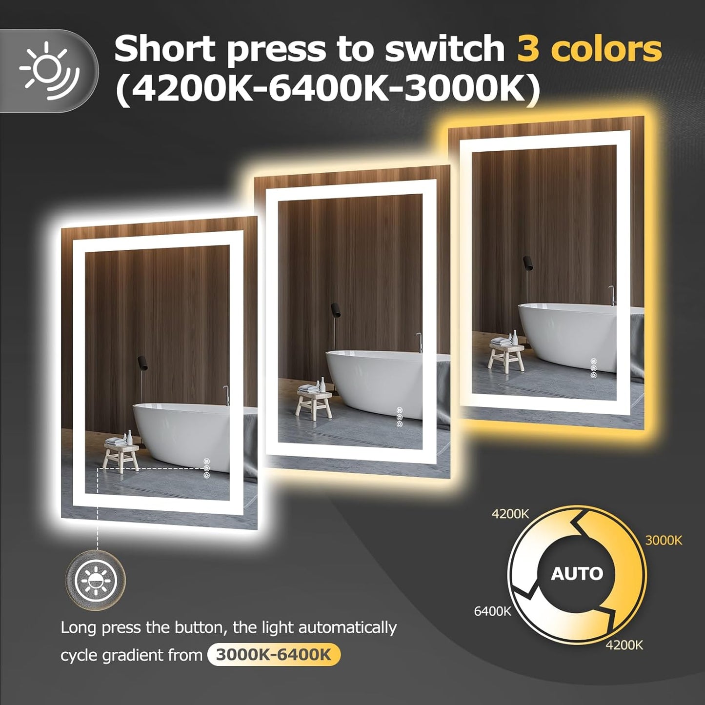 24X36 LED Bathroom Mirror with Lights, Anti-Fog, Dimmable, Backlit + Front Lit, Smart Bathroom Vanity Mirror, Memory Function, Shatterproof, Tempered Glass (Horizontal/Vertical)