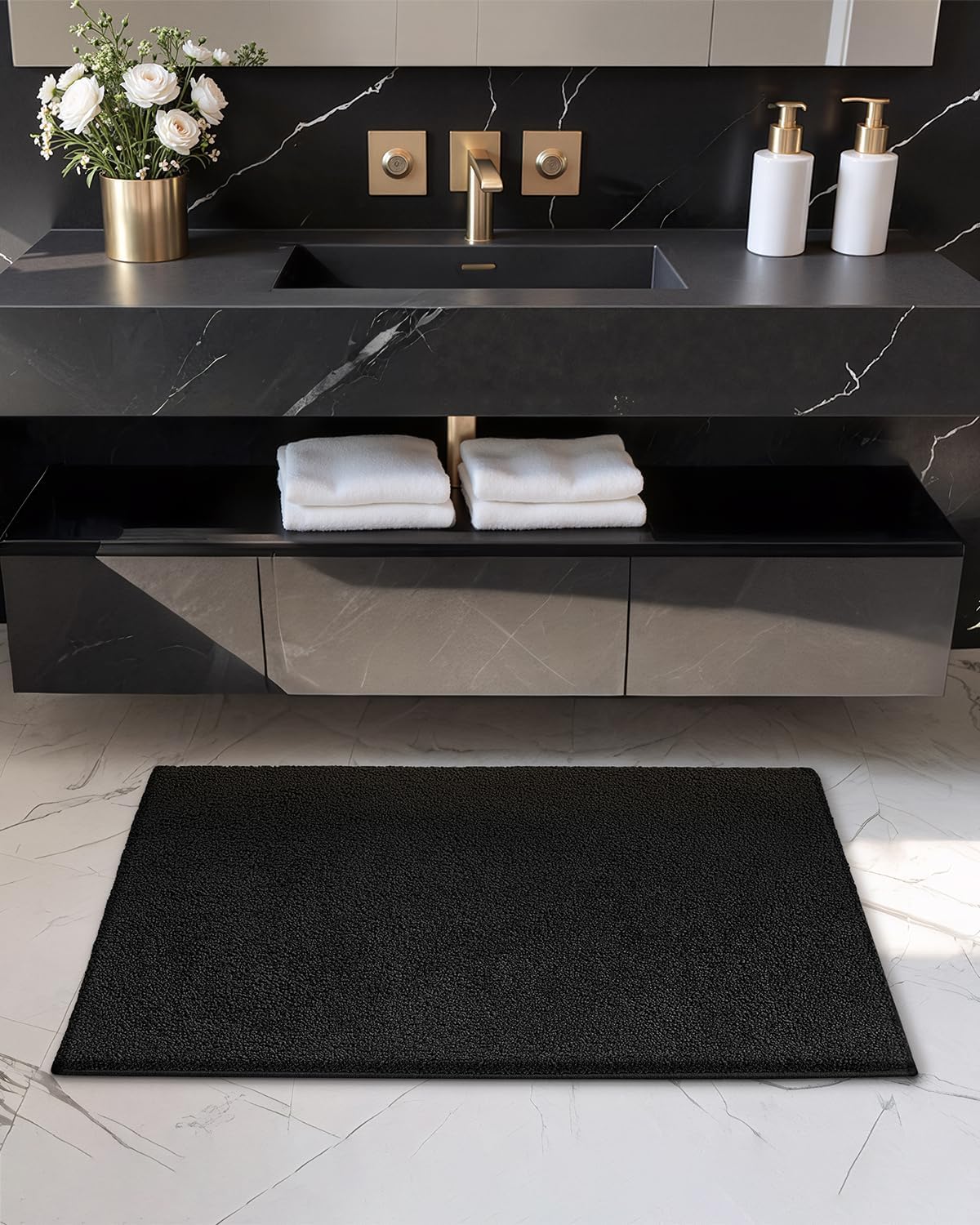 Color&Geometry Bathroom Runner Non Slip, 24"x43" Black Bath Runner Rug, Absorbent, Soft, Washable, Microfiber Bath Mat Bathroom Carpet