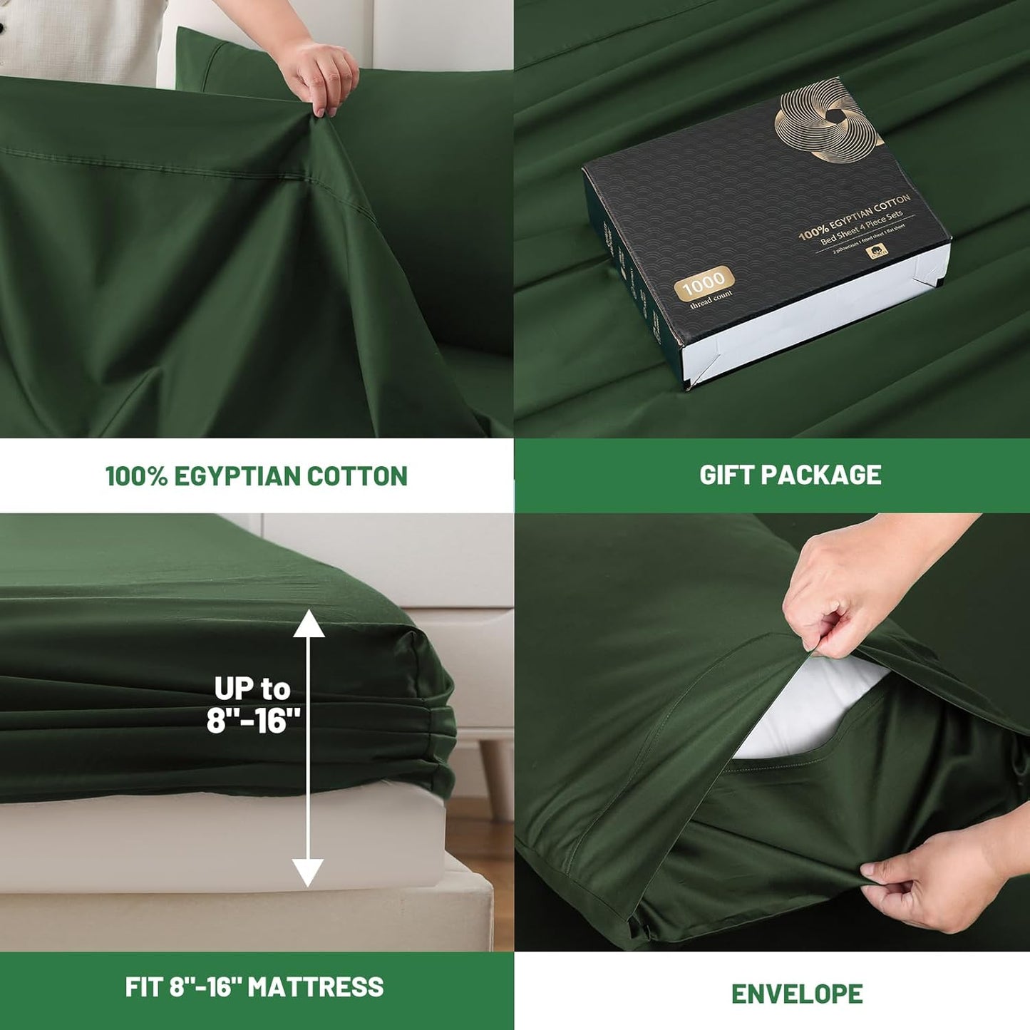 100% Egyptian Cotton Sheets Cal King Sheet Set 1000 Thread Count Sateen Weave Soft Breathable 16-Inch Deep Pocket 4PCS（California King,Forest Green）
