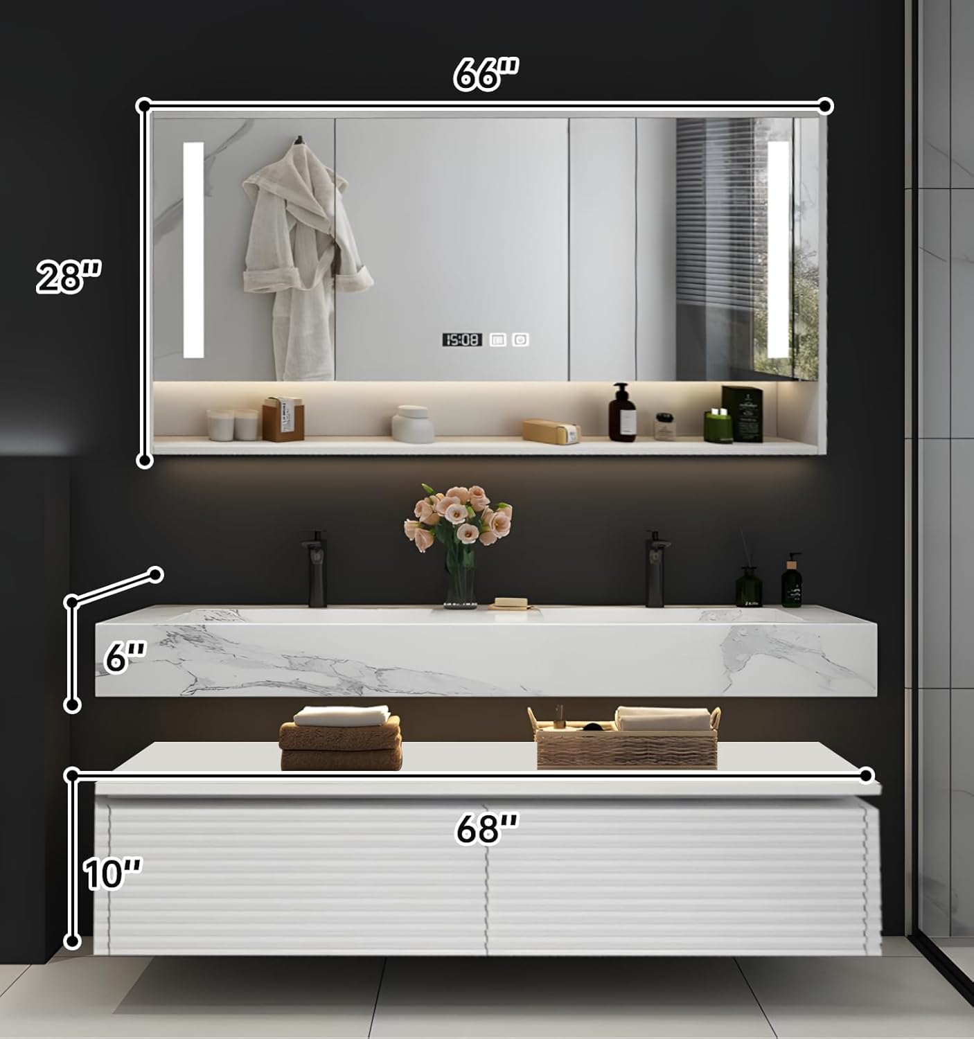Double Sink Bathroom Vanity, Floating Bathroom Vanity with LED Smart Defogging Mirror and One-Piece Sink, Modern Bathroom Vanities with Open Floating Shelf, Rock Countertop & Faucet (White,68")