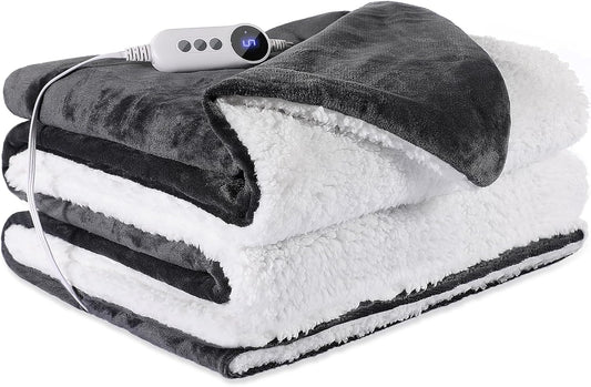 Electric Heated Blanket Throw 50"x60" - Soft Cozy Flannel & Sherpa Fabric Dual-Sided, 9 Heat Settings & 2-10 Hours Auto Off, Warming Heated Throw for Home Office, Machine Washable, Dark Gray